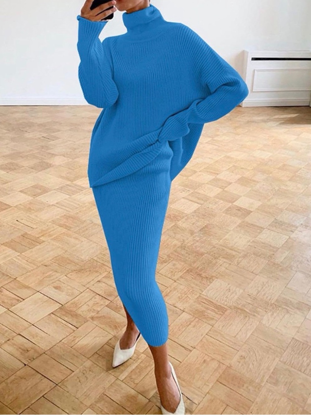 bright blue Ribbed Knit Skirt set high-waisted midi skirt & turtleneck sweater - Picture 8 of 8